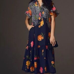 Anthropologie Navy Blue Floral Midi Dress Size Small